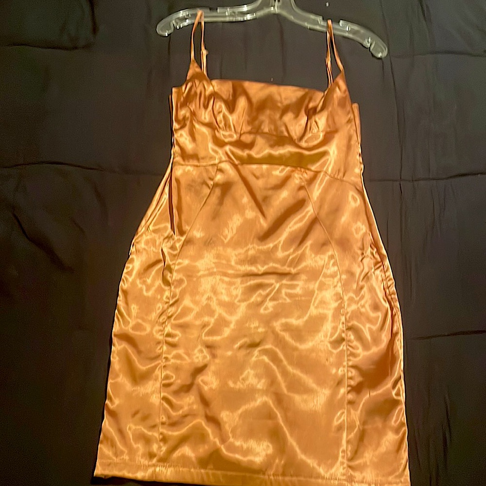 BRONZE SATIN body con mini dress